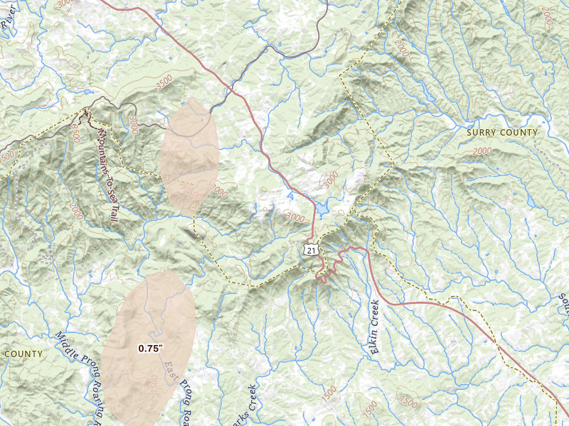 Radar-estimated hail-size map of the storm over Roaring Gap, NC on Jul 4, 2026