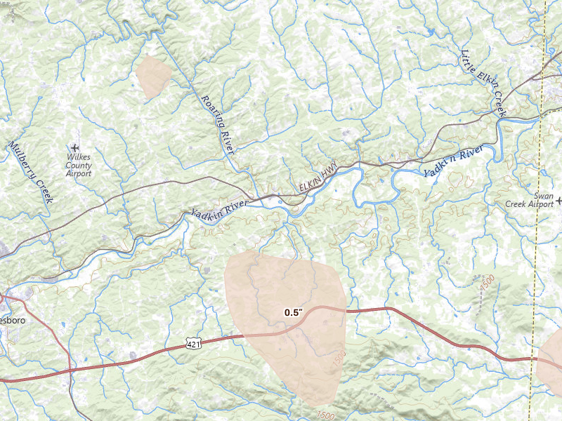 Radar-estimated hail-size map of the storm over Roaring River, NC on Sep 5, 2026