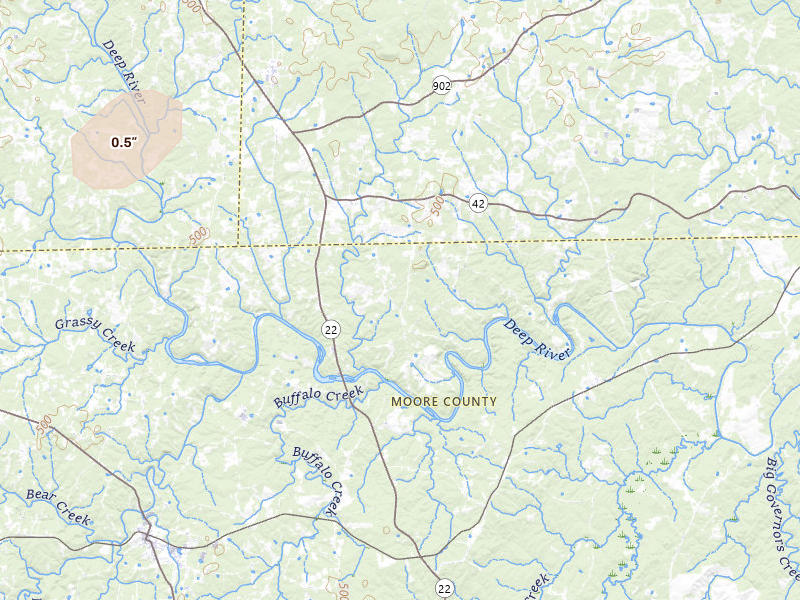 Radar-estimated hail-size map of the storm over Robbins, NC on Jul 5, 2026