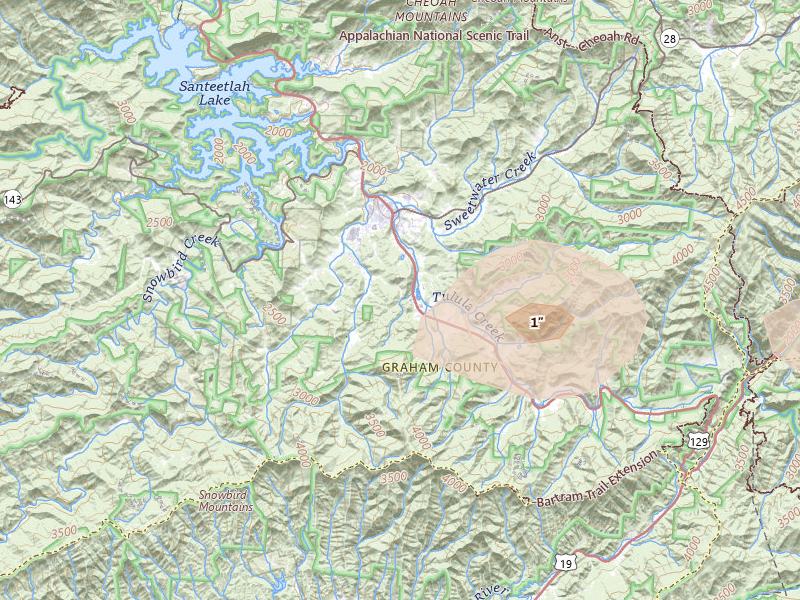 Radar-estimated hail-size map of the storm over Robbinsville, NC on Jul 3, 2026