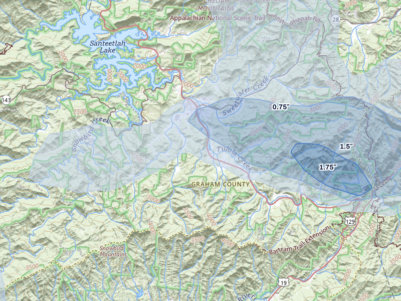 NEXRAD radar-signature map of the hail storm over Robbinsville, NC on Jul 3, 2026