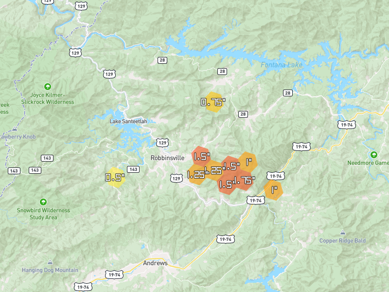 Hail map of Robbinsville, NC on Jul 3, 2026, hail up to 1.75"