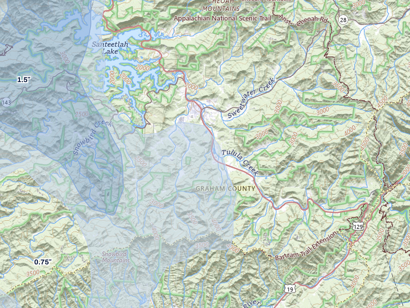 NEXRAD radar-signature map of the hail storm over Robbinsville, NC on Jul 28, 2026