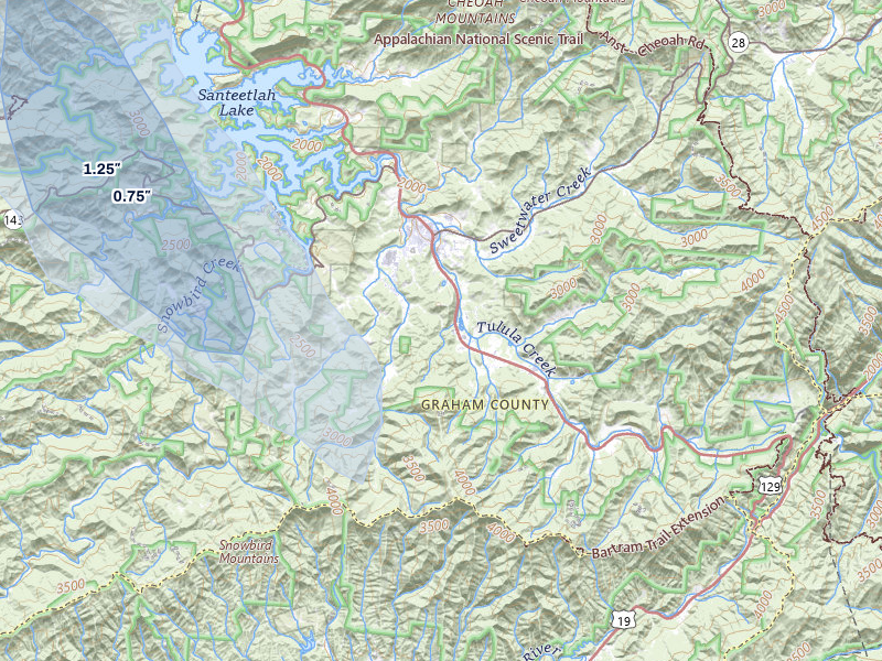 NEXRAD radar-signature map of the hail storm over Robbinsville, NC on Aug 11, 2026