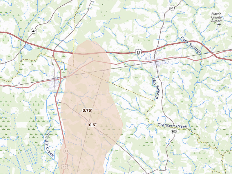 Radar-estimated hail-size map of the storm over Robersonville, NC on Aug 16, 2026