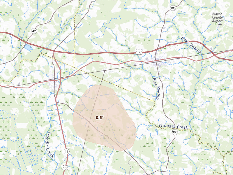 Radar-estimated hail-size map of the storm over Robersonville, NC on Sep 4, 2026