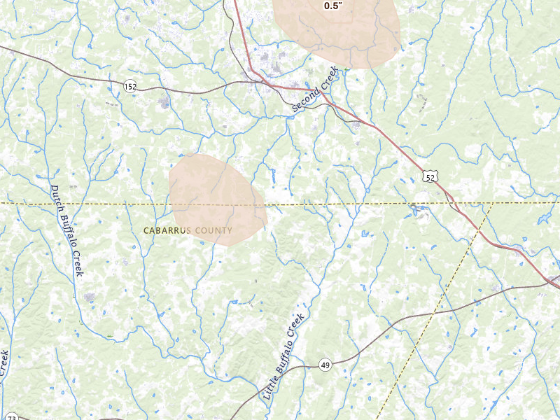 Radar-estimated hail-size map of the storm over Rockwell, NC on Aug 28, 2026