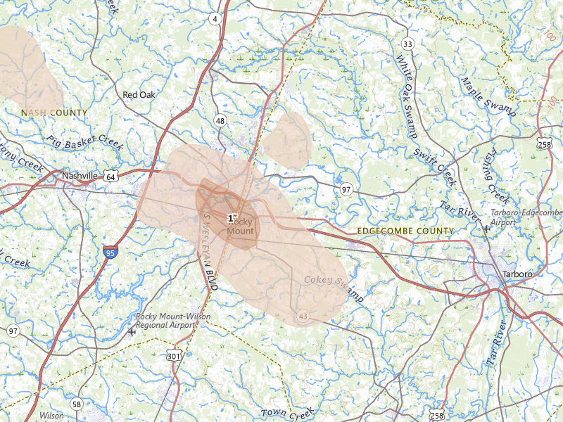 Radar-estimated hail-size map of the storm over Rocky Mount, NC on Jun 11, 2026