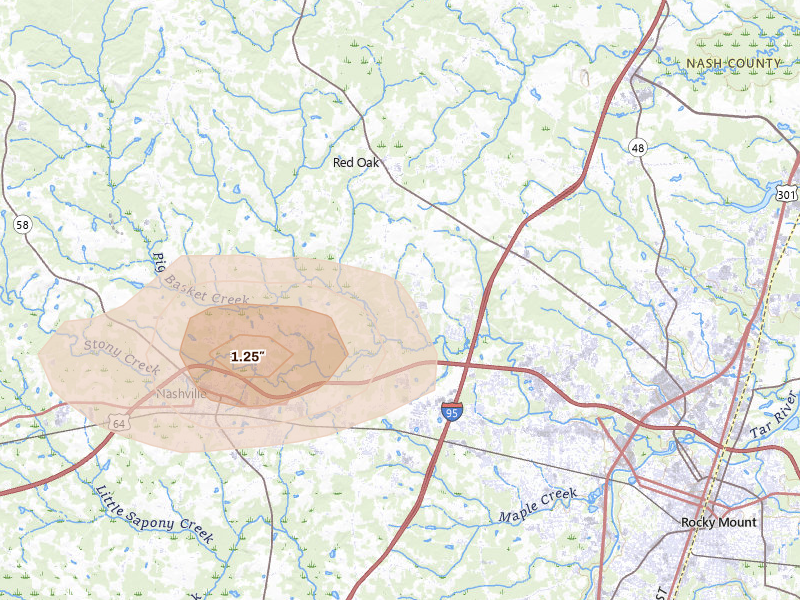 Radar-estimated hail-size map of the storm over Rocky Mount, NC on Jun 14, 2026