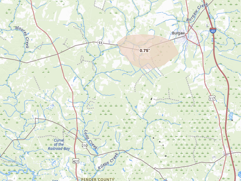 Radar-estimated hail-size map of the storm over Rocky Point, NC on Aug 11, 2026
