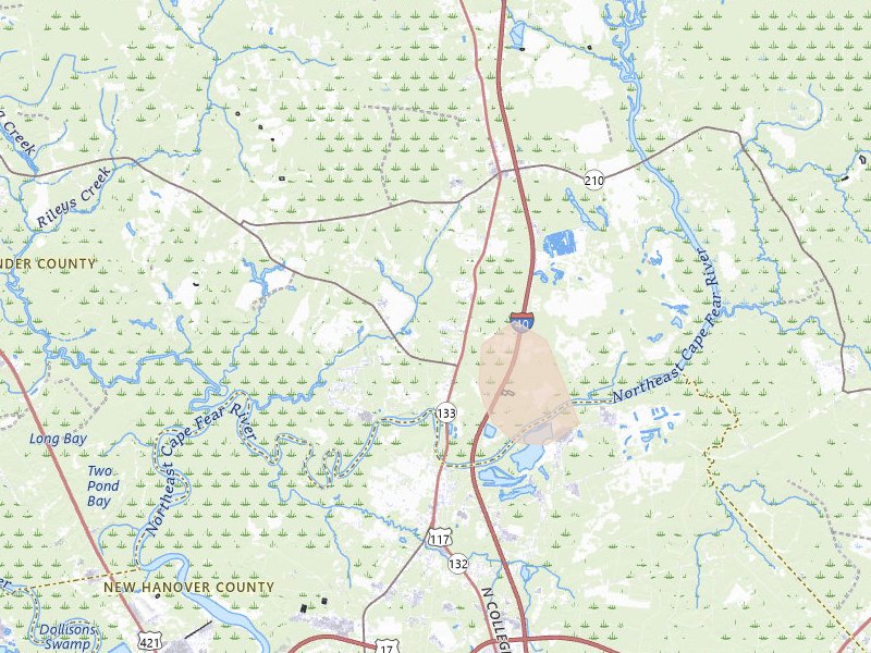 Radar-estimated hail-size map of the storm over Rocky Point, NC on Aug 15, 2026