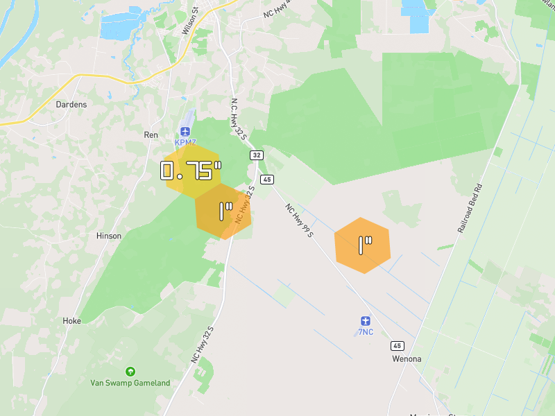 Hail map of Roper, NC on Jun 27, 2026, hail up to 1"
