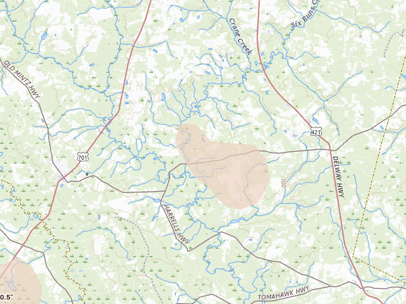 Radar-estimated hail-size map of the storm over Rose Hill, NC on Jul 5, 2026