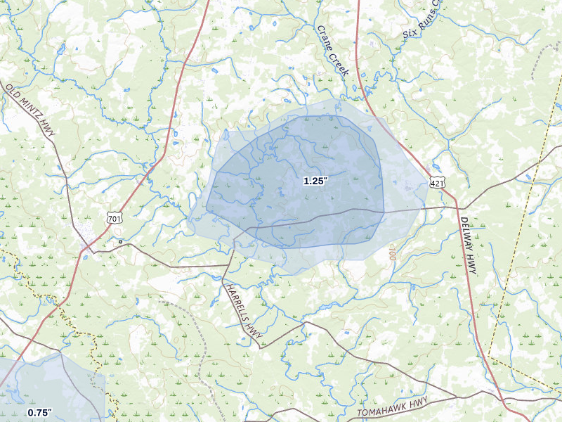 NEXRAD radar-signature map of the hail storm over Rose Hill, NC on Jul 5, 2026