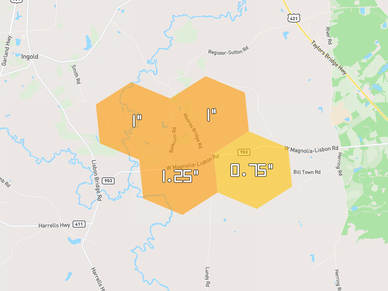 Hail map of Rose Hill, NC on Jul 5, 2026, hail up to 1.25"