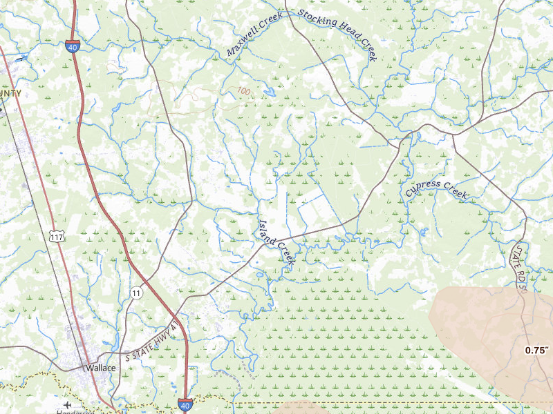 Radar-estimated hail-size map of the storm over Rose Hill, NC on Jul 8, 2026