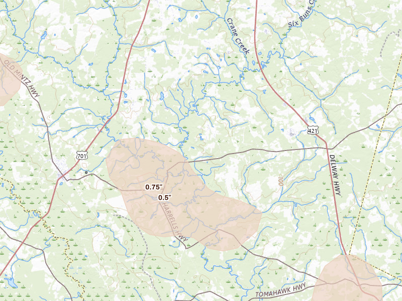 Radar-estimated hail-size map of the storm over Rose Hill, NC on Aug 11, 2026