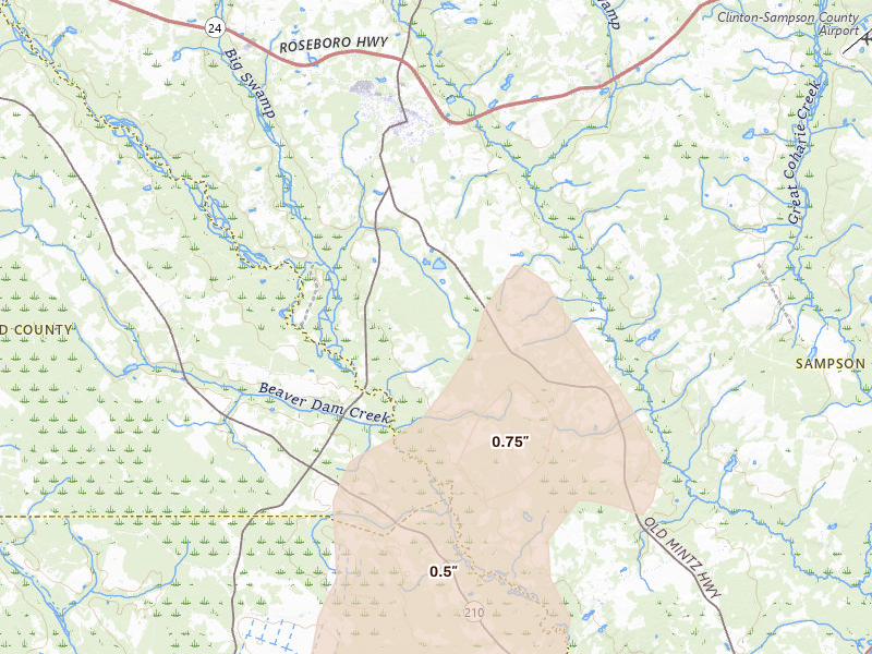 Radar-estimated hail-size map of the storm over Roseboro, NC