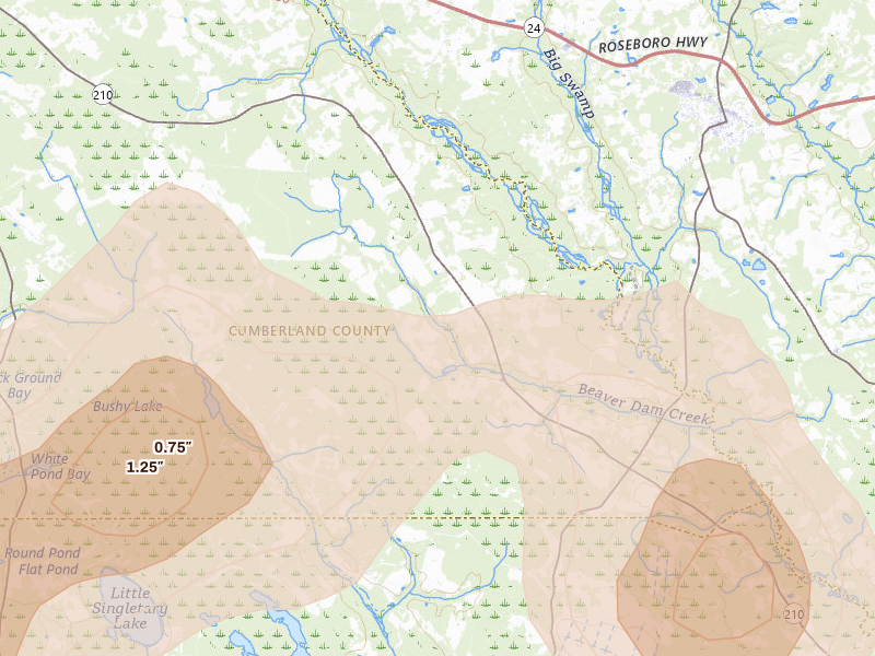 Radar-estimated hail-size map of the storm over Roseboro, NC on Aug 21, 2026