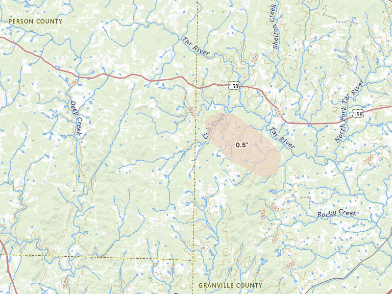 Radar-estimated hail-size map of the storm over Rougemont, NC on Jul 20, 2026