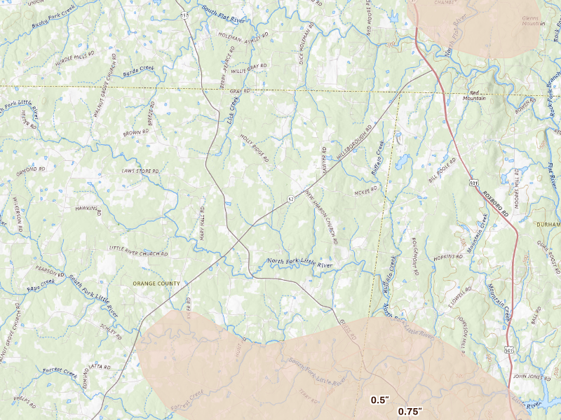 Radar-estimated hail-size map of the storm over Rougemont, NC on Sep 5, 2026