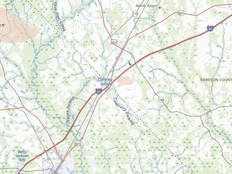 Radar-estimated hail-size map of the storm over Rowland, NC on Jun 28, 2026