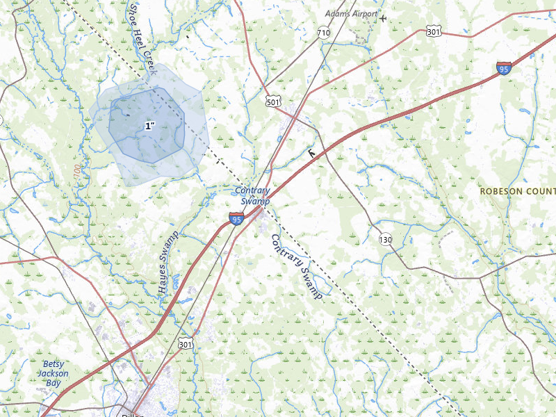 NEXRAD radar-signature map of the hail storm over Rowland, NC on Jun 28, 2026