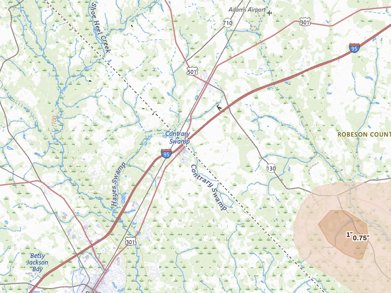 Radar-estimated hail-size map of the storm over Rowland, NC on Jul 6, 2026