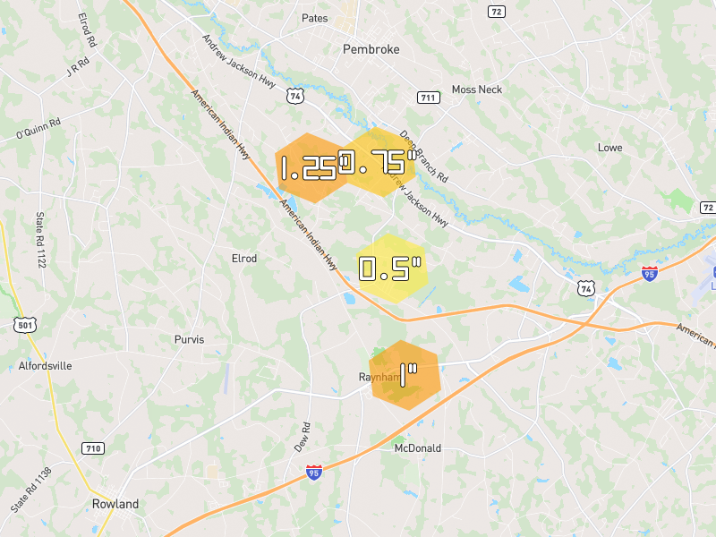 Hail map of Rowland, NC on Jul 6, 2026, hail up to 1.25"