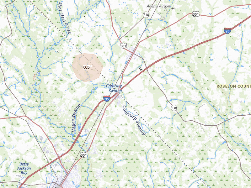 Radar-estimated hail-size map of the storm over Rowland, NC on Jul 20, 2026