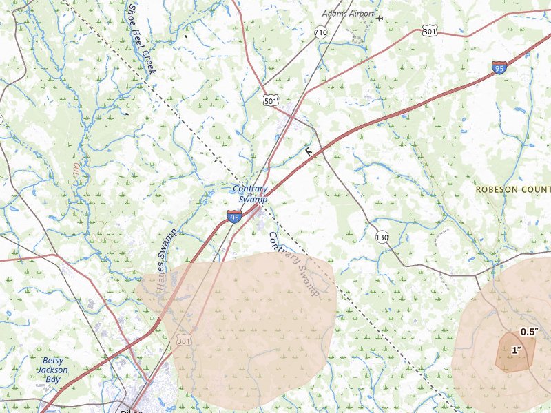 Radar-estimated hail-size map of the storm over Rowland, NC on Aug 21, 2026