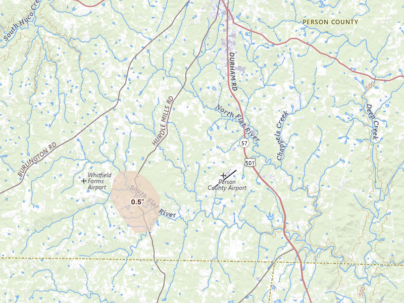 Radar-estimated hail-size map of the storm over Roxboro, NC on Jul 20, 2026