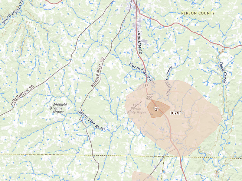 Radar-estimated hail-size map of the storm over Roxboro, NC