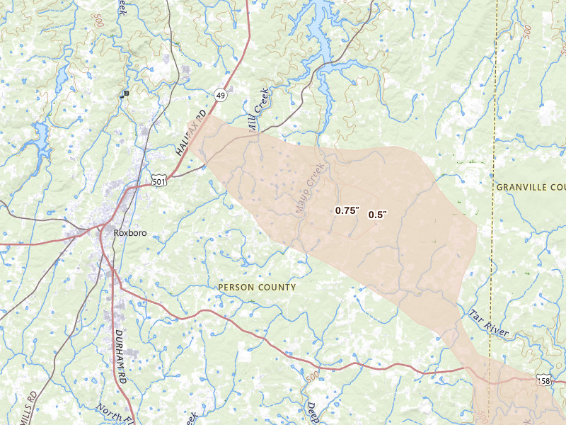 Radar-estimated hail-size map of the storm over Roxboro, NC