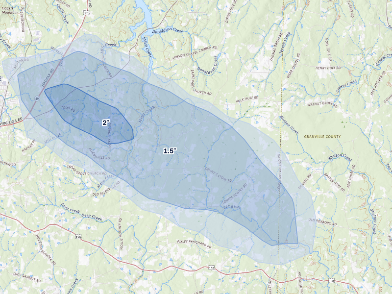 NEXRAD radar-signature map of the hail storm over Roxboro, NC on Sep 5, 2026