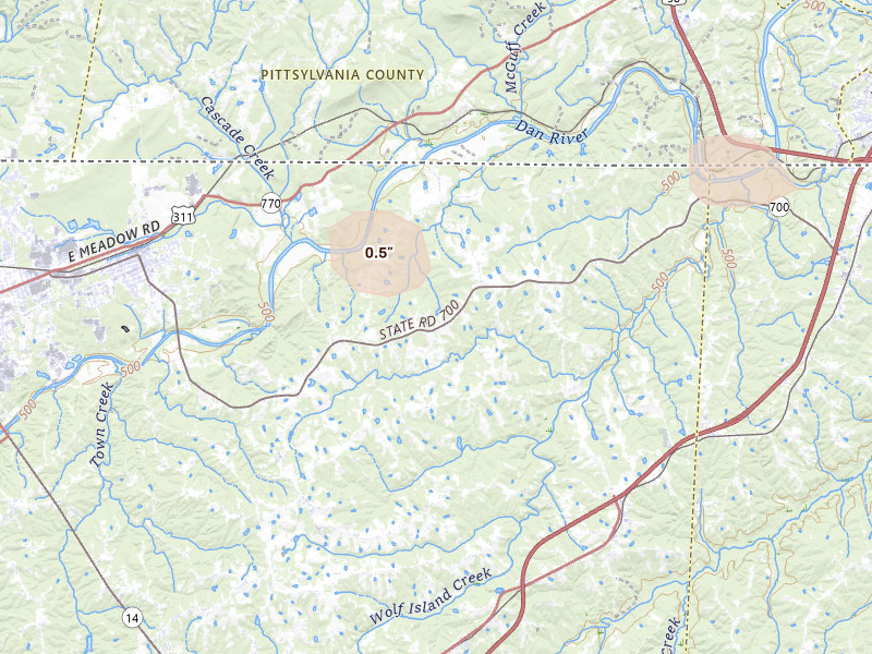 Radar-estimated hail-size map of the storm over Ruffin, NC on May 27, 2026