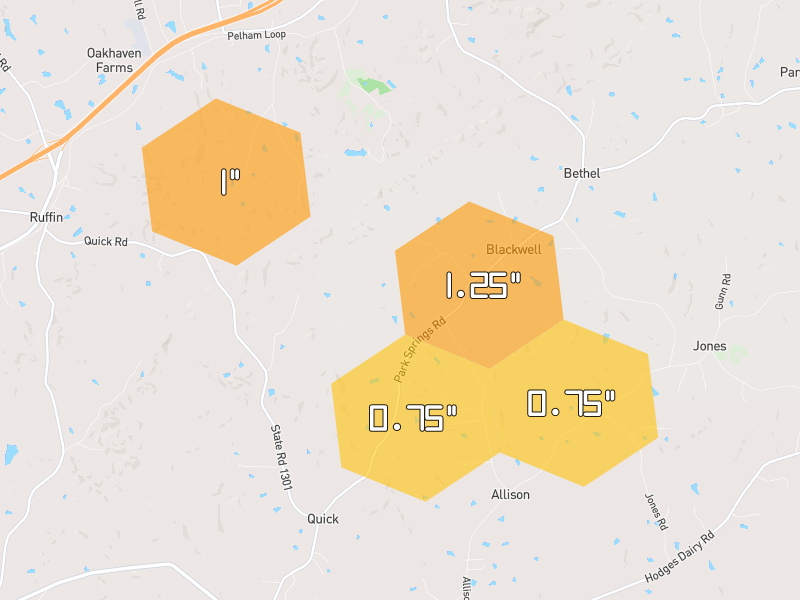 Hail map of Ruffin, NC on Jul 8, 2026, hail up to 1.25"