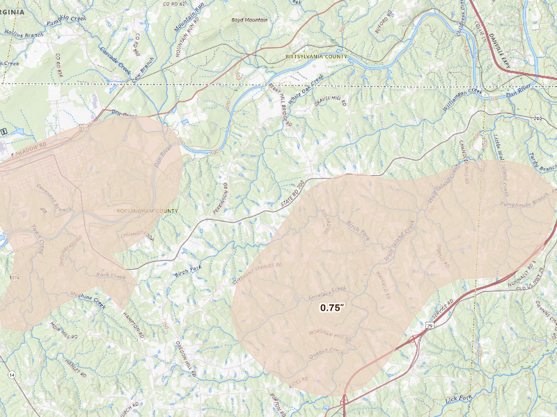 Radar-estimated hail-size map of the storm over Ruffin, NC