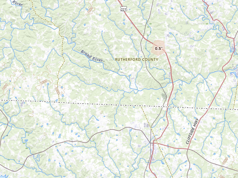 Radar-estimated hail-size map of the storm over Rutherfordton, NC on Aug 2, 2026