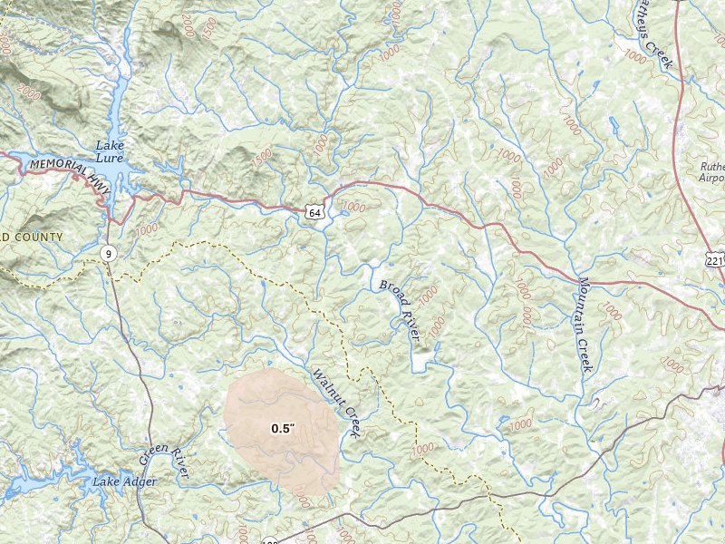 Radar-estimated hail-size map of the storm over Rutherfordton, NC on Aug 4, 2026