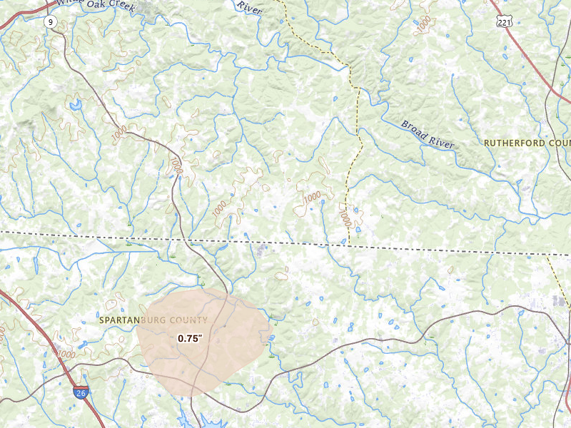Radar-estimated hail-size map of the storm over Rutherfordton, NC on Aug 11, 2026