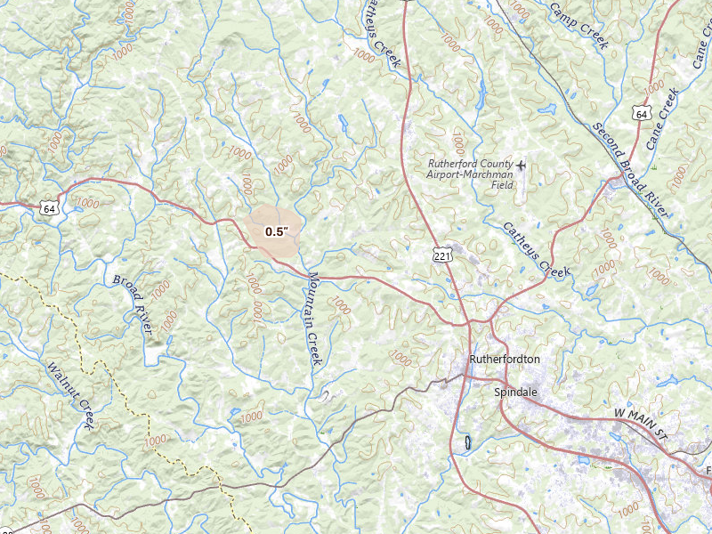 Radar-estimated hail-size map of the storm over Rutherfordton, NC on Aug 13, 2026