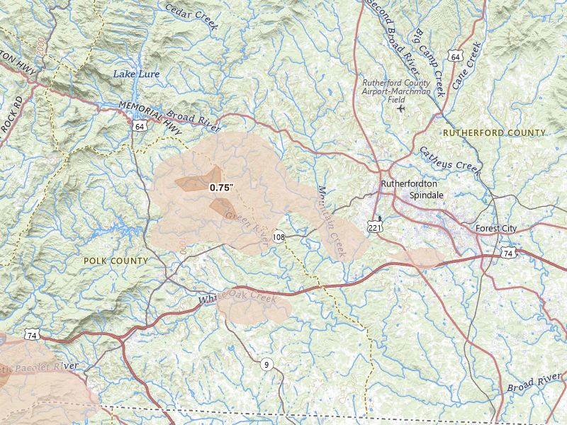 Radar-estimated hail-size map of the storm over Rutherfordton, NC on Aug 20, 2026