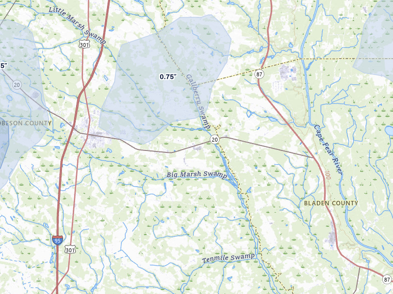 NEXRAD radar-signature map of the hail storm over Saint Pauls, NC on Jul 6, 2026