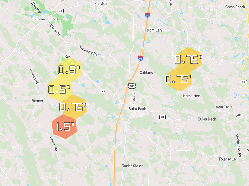 Hail map of Saint Pauls, NC on Jul 6, 2026, hail up to 1.5"