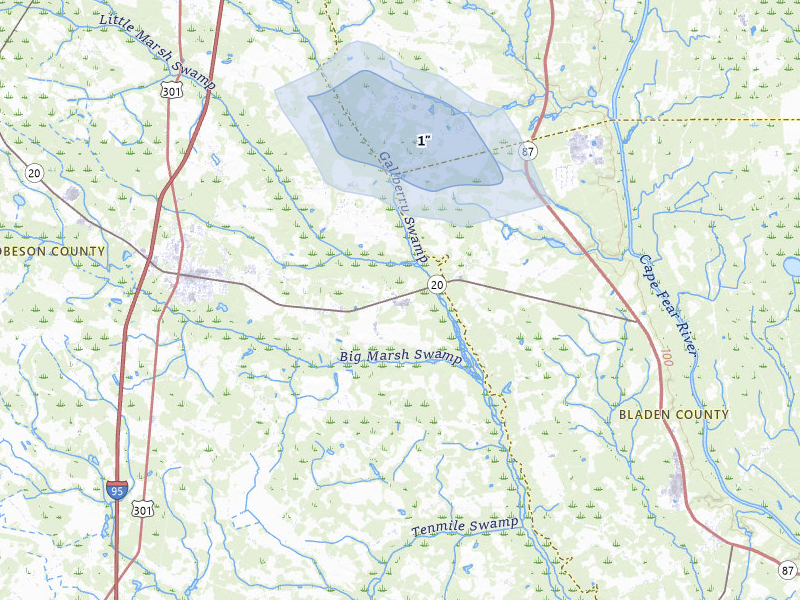 NEXRAD radar-signature map of the hail storm over Saint Pauls, NC on Jul 28, 2026