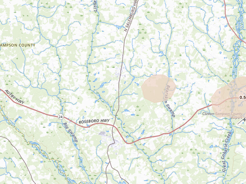 Radar-estimated hail-size map of the storm over Salemburg, NC on Jun 14, 2026