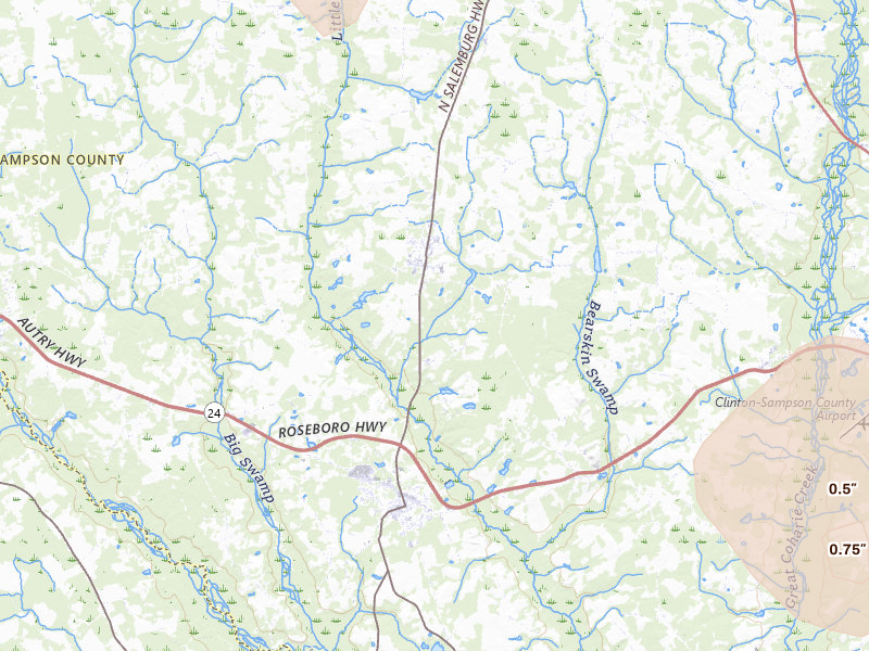 Radar-estimated hail-size map of the storm over Salemburg, NC on Jul 6, 2026