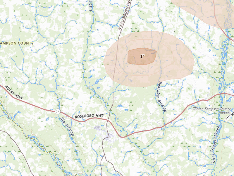 Radar-estimated hail-size map of the storm over Salemburg, NC on Aug 10, 2026