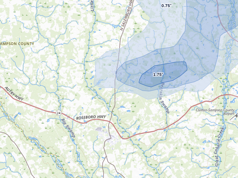 NEXRAD radar-signature map of the hail storm over Salemburg, NC on Aug 10, 2026